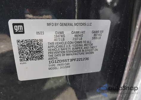 2023 Chevrolet Malibu Fwd 1Lt z USA, uszkodzony, nr VIN 1G1ZD5ST3PF221236